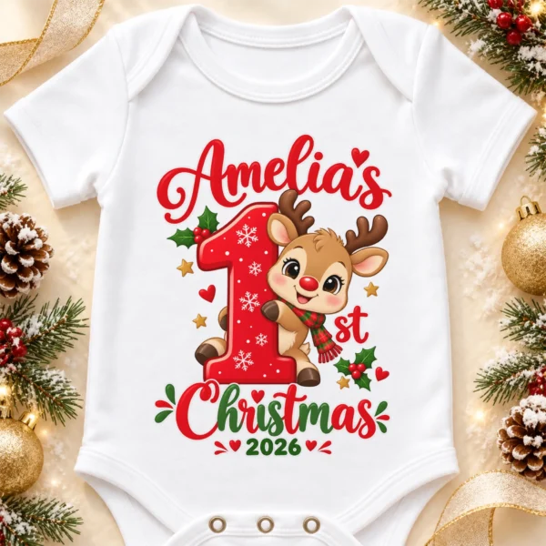 Personalized Baby First Christmas Bodysuit with Name and Year — alternate product mockup personalized baby first christmas bodysuit with name and year baby bodysuit product photo
