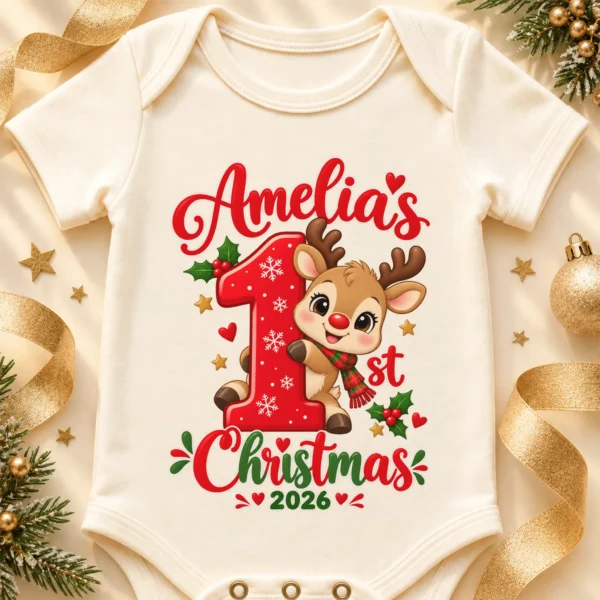 Personalized Baby First Christmas Bodysuit with Name and Year — alternate product mockup personalized baby first christmas bodysuit with name and year baby bodysuit product photo