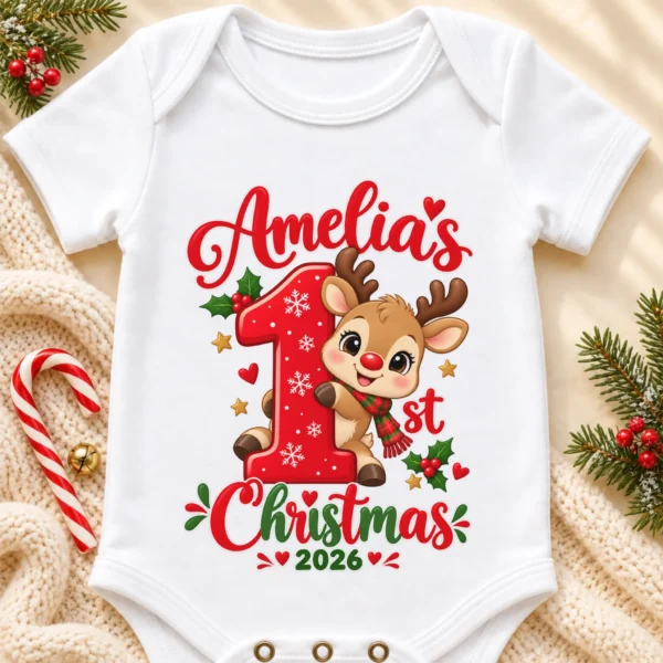 Personalized Baby First Christmas Bodysuit with Name and Year — alternate product mockup personalized baby first christmas bodysuit with name and year baby bodysuit product photo