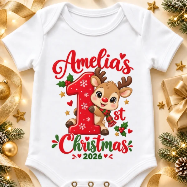 Personalized Baby First Christmas Bodysuit with Name and Year — alternate product mockup personalized baby first christmas bodysuit with name and year baby bodysuit product photo