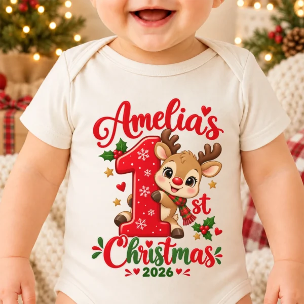 Personalized Baby First Christmas Bodysuit with Name and Year — alternate product mockup personalized baby first christmas bodysuit with name and year baby bodysuit product photo
