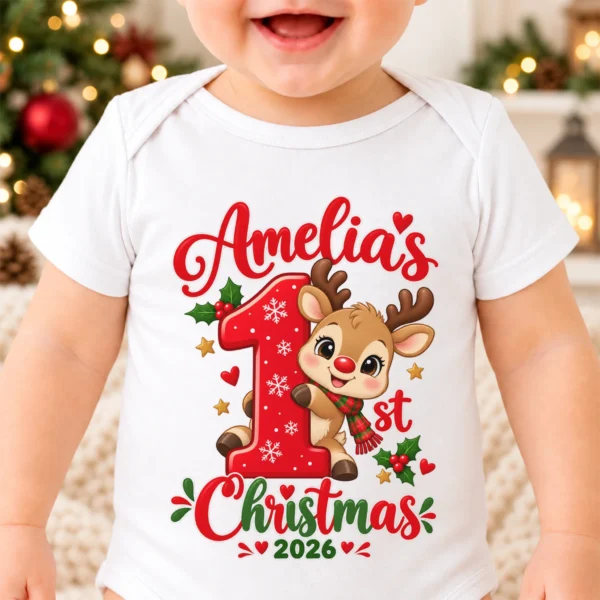 Personalized Baby First Christmas Bodysuit with Name and Year — product mockup personalized baby first christmas bodysuit with name and year baby bodysuit front view