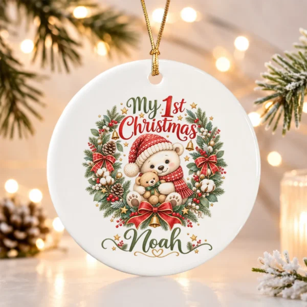 Personalized Baby First Christmas Ornament with Teddy Bear Wreath — alternate product mockup personalized baby first Christmas ornament product image product photo