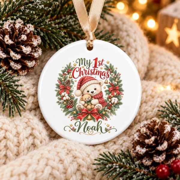 Personalized Baby First Christmas Ornament with Teddy Bear Wreath — alternate product mockup personalized baby first Christmas ornament product image product photo