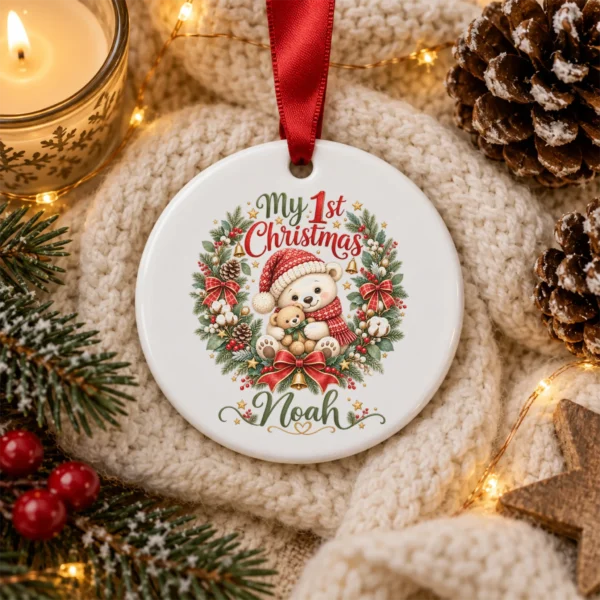 Personalized Baby First Christmas Ornament with Teddy Bear Wreath — alternate product mockup personalized baby first Christmas ornament product image close-up detail