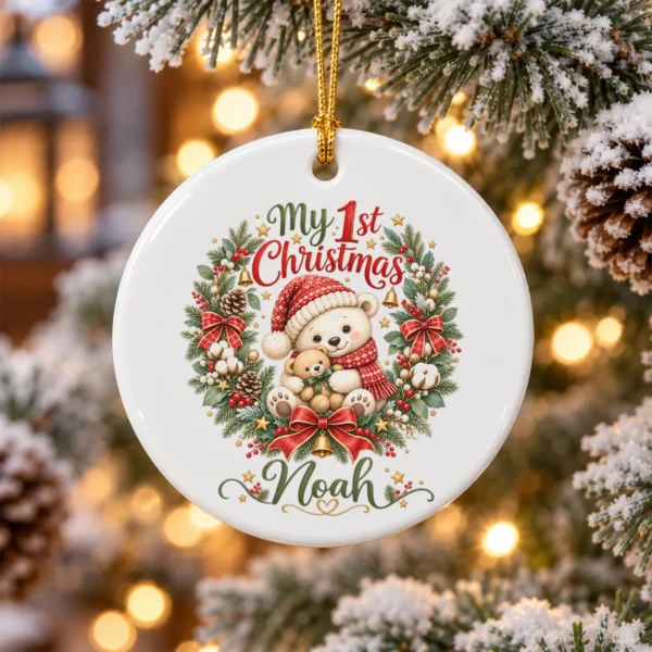 Personalized Baby First Christmas Ornament with Teddy Bear Wreath — alternate product mockup personalized baby first Christmas ornament product image product photo