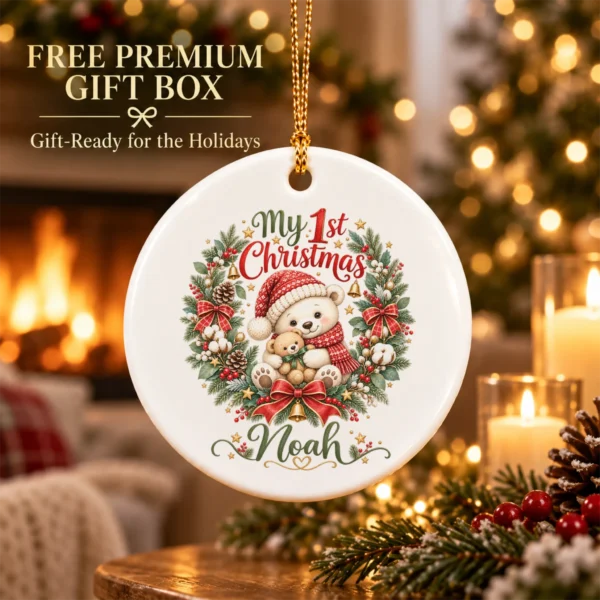 Personalized Baby First Christmas Ornament with Teddy Bear Wreath — alternate product mockup personalized baby first Christmas ornament product image lifestyle scene