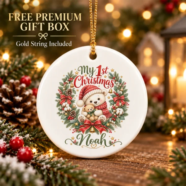 Personalized Baby First Christmas Ornament with Teddy Bear Wreath — alternate product mockup personalized baby first Christmas ornament product image product photo