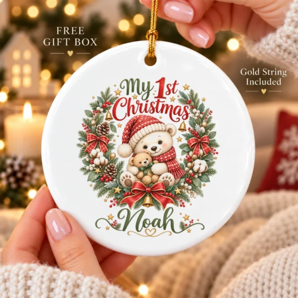 Personalized Baby First Christmas Ornament with Teddy Bear Wreath — alternate product mockup personalized baby first Christmas ornament product image alternate angle