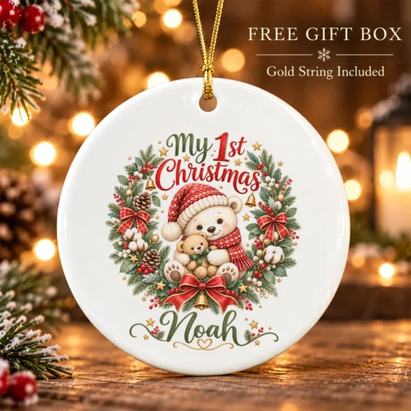 Personalized Baby First Christmas Ornament with Teddy Bear Wreath — alternate product mockup personalized baby first Christmas ornament product image product photo