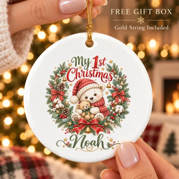 Personalized Baby First Christmas Ornament with Teddy Bear Wreath — alternate product mockup personalized baby first Christmas ornament product image product photo