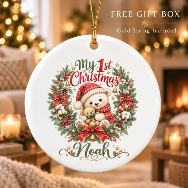 Personalized Baby First Christmas Ornament with Teddy Bear Wreath — alternate product mockup personalized baby first Christmas ornament product image product detail