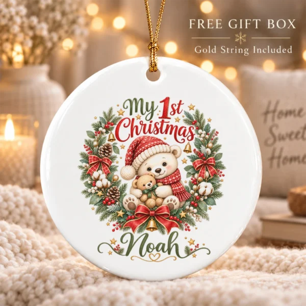 Personalized Baby First Christmas Ornament with Teddy Bear Wreath — alternate product mockup personalized baby first Christmas ornament product image product photo