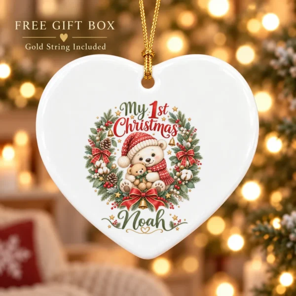 Personalized Baby First Christmas Ornament with Teddy Bear Wreath — alternate product mockup personalized baby first Christmas ornament product image product photo