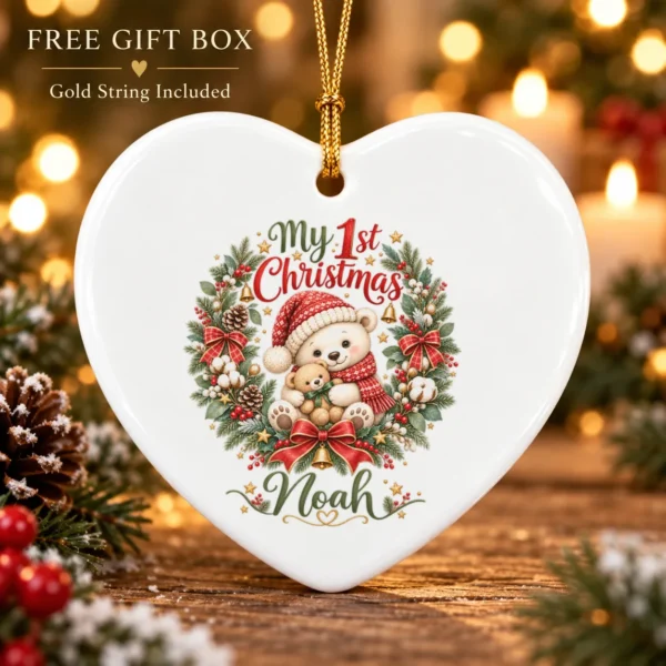Personalized Baby First Christmas Ornament with Teddy Bear Wreath — alternate product mockup personalized baby first Christmas ornament product image mockup view