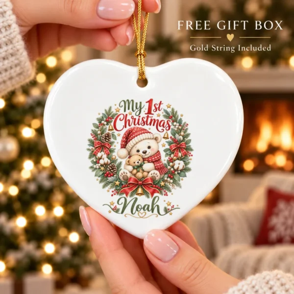 Personalized Baby First Christmas Ornament with Teddy Bear Wreath — alternate product mockup personalized baby first Christmas ornament product image product photo