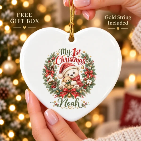 Personalized Baby First Christmas Ornament with Teddy Bear Wreath — alternate product mockup personalized baby first Christmas ornament product image product photo