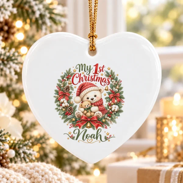 Personalized Baby First Christmas Ornament with Teddy Bear Wreath — alternate product mockup personalized baby first Christmas ornament product image front view