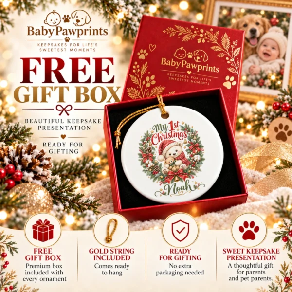 Personalized Baby First Christmas Ornament with Teddy Bear Wreath — alternate product mockup personalized baby first Christmas ornament product image product photo