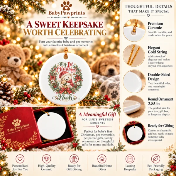 Personalized Baby First Christmas Ornament with Teddy Bear Wreath — alternate product mockup personalized baby first Christmas ornament product image styled product photo