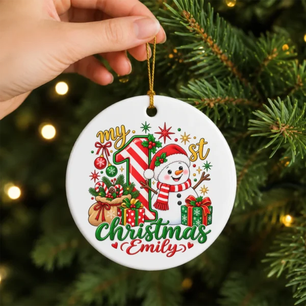 Personalized Baby First Christmas Ornament with Candy Cane Snowman — alternate product mockup personalized baby first Christmas ornament with candy cane snowman product image product photo