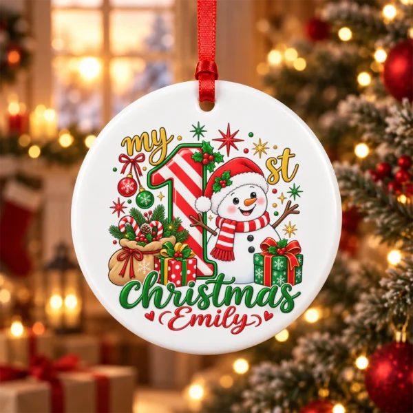 Personalized Baby First Christmas Ornament with Candy Cane Snowman — alternate product mockup personalized baby first Christmas ornament with candy cane snowman product image product photo