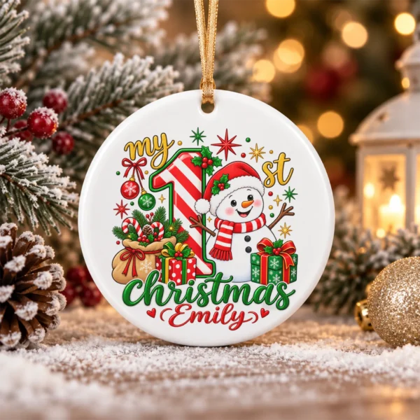 Personalized Baby First Christmas Ornament with Candy Cane Snowman — alternate product mockup personalized baby first Christmas ornament with candy cane snowman product image product photo