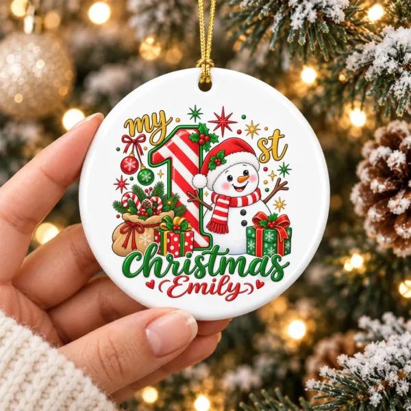 Personalized Baby First Christmas Ornament with Candy Cane Snowman — alternate product mockup personalized baby first Christmas ornament with candy cane snowman product image product photo