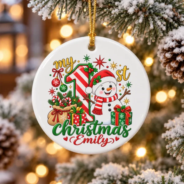 Personalized Baby First Christmas Ornament with Candy Cane Snowman — alternate product mockup personalized baby first Christmas ornament with candy cane snowman product image product photo