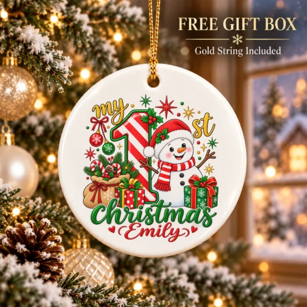 Personalized Baby First Christmas Ornament with Candy Cane Snowman — alternate product mockup personalized baby first Christmas ornament with candy cane snowman product image product photo