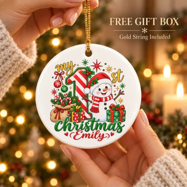 Personalized Baby First Christmas Ornament with Candy Cane Snowman — alternate product mockup personalized baby first Christmas ornament with candy cane snowman product image product photo