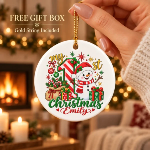 Personalized Baby First Christmas Ornament with Candy Cane Snowman — alternate product mockup personalized baby first Christmas ornament with candy cane snowman product image product photo