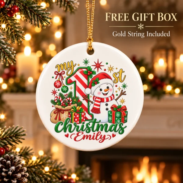 Personalized Baby First Christmas Ornament with Candy Cane Snowman — product mockup personalized baby first Christmas ornament with candy cane snowman product image front view