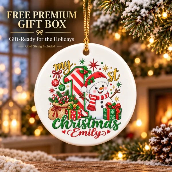 Personalized Baby First Christmas Ornament with Candy Cane Snowman — alternate product mockup personalized baby first Christmas ornament with candy cane snowman product image styled product photo