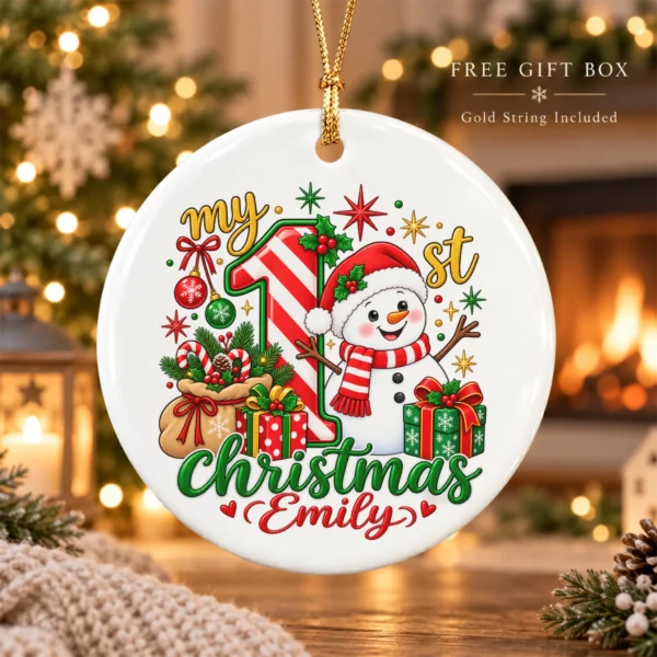 Personalized Baby First Christmas Ornament with Candy Cane Snowman — alternate product mockup personalized baby first Christmas ornament with candy cane snowman product image product photo