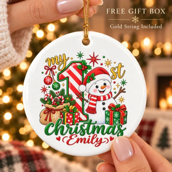 Personalized Baby First Christmas Ornament with Candy Cane Snowman — alternate product mockup personalized baby first Christmas ornament with candy cane snowman product image product photo