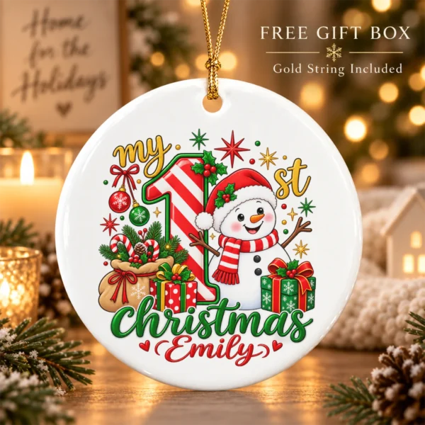 Personalized Baby First Christmas Ornament with Candy Cane Snowman — alternate product mockup personalized baby first Christmas ornament with candy cane snowman product image product detail