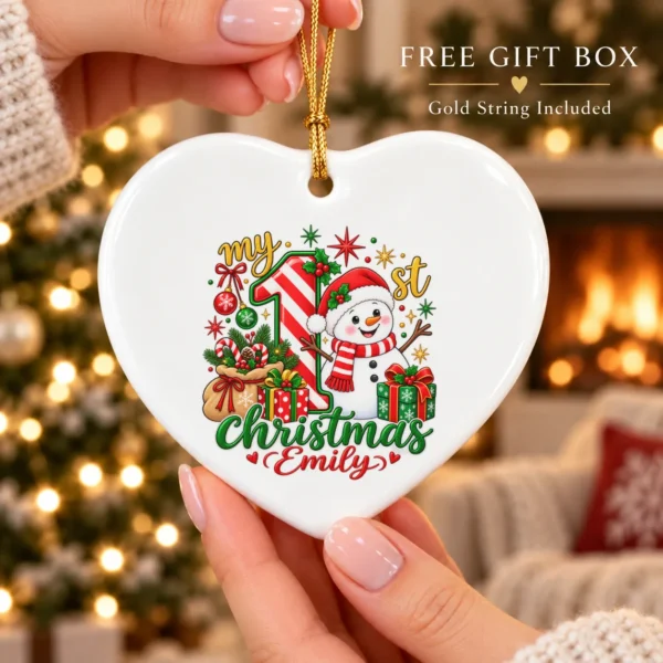 Personalized Baby First Christmas Ornament with Candy Cane Snowman — alternate product mockup personalized baby first Christmas ornament with candy cane snowman product image product photo