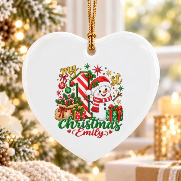 Personalized Baby First Christmas Ornament with Candy Cane Snowman — alternate product mockup personalized baby first Christmas ornament with candy cane snowman product image mockup view