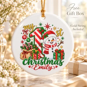 personalized baby first Christmas ornament with candy cane snowman product image