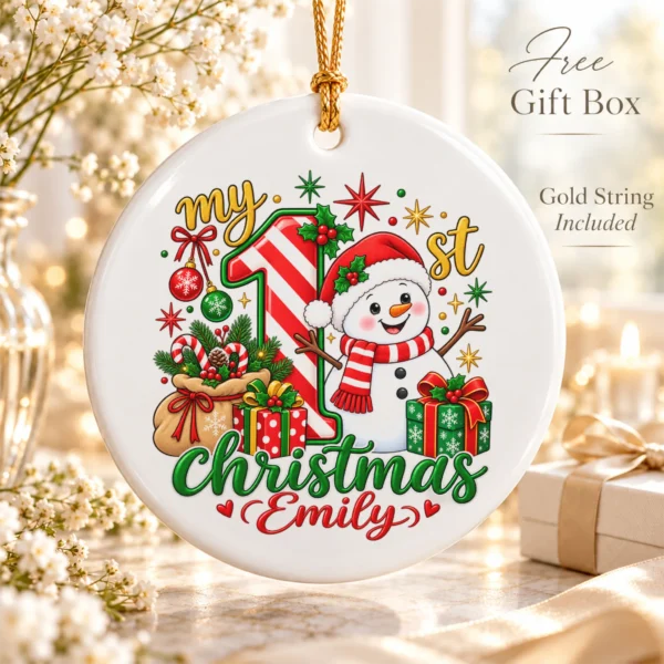 personalized baby first Christmas ornament with candy cane snowman product image