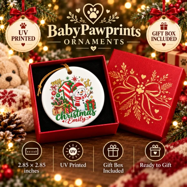 Personalized Baby First Christmas Ornament with Candy Cane Snowman — alternate product mockup personalized baby first Christmas ornament with candy cane snowman product image alternate angle