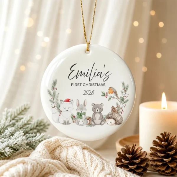 Personalized Baby Name Christmas Ornament with Woodland Animals — alternate product mockup personalized baby name Christmas ornament with woodland animals product image product photo