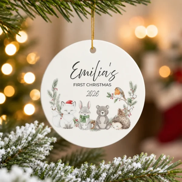 Personalized Baby Name Christmas Ornament with Woodland Animals — alternate product mockup personalized baby name Christmas ornament with woodland animals product image product photo