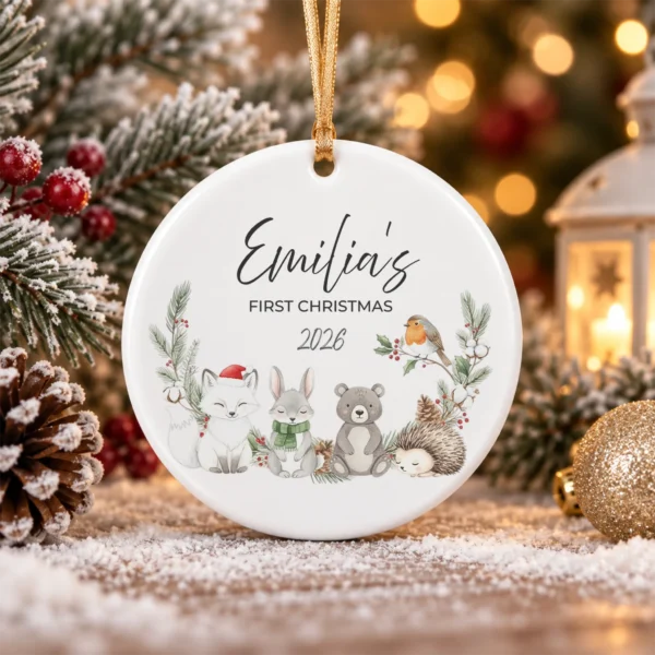 Personalized Baby Name Christmas Ornament with Woodland Animals — alternate product mockup personalized baby name Christmas ornament with woodland animals product image product photo