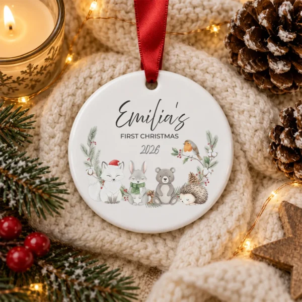 Personalized Baby Name Christmas Ornament with Woodland Animals — alternate product mockup personalized baby name Christmas ornament with woodland animals product image product photo