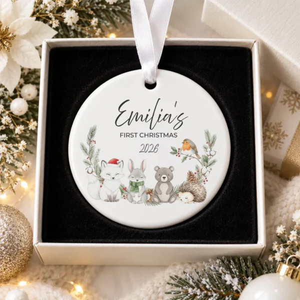 Personalized Baby Name Christmas Ornament with Woodland Animals — alternate product mockup personalized baby name Christmas ornament with woodland animals product image styled product photo