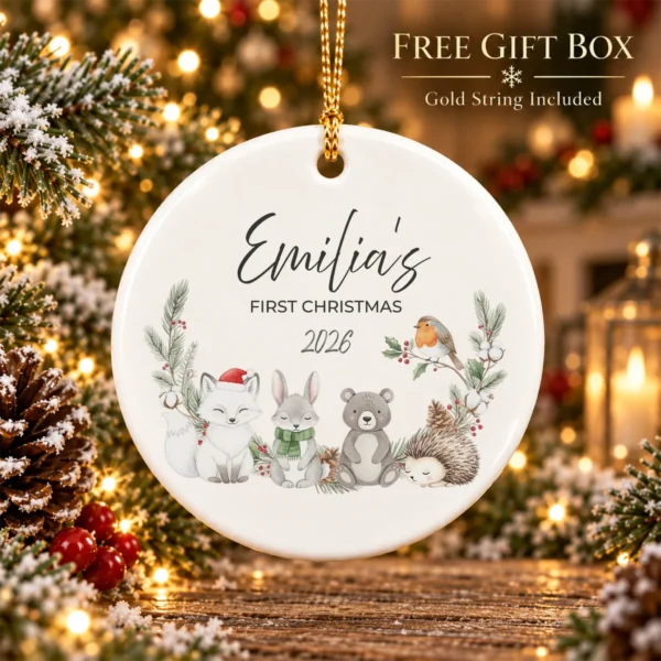 Personalized Baby Name Christmas Ornament with Woodland Animals — alternate product mockup personalized baby name Christmas ornament with woodland animals product image close-up detail