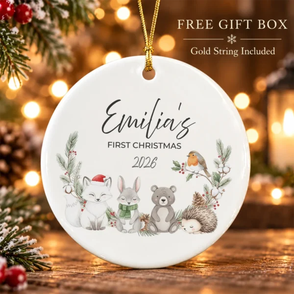 Personalized Baby Name Christmas Ornament with Woodland Animals — alternate product mockup personalized baby name Christmas ornament with woodland animals product image product photo