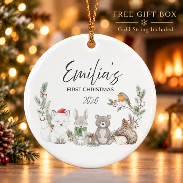 Personalized Baby Name Christmas Ornament with Woodland Animals — alternate product mockup personalized baby name Christmas ornament with woodland animals product image lifestyle scene